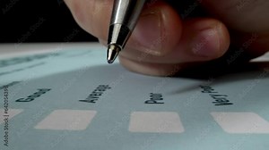 Closeup macro shot movement hand filling feedback survey form with pen for customer satisfaction. Questionnaire form get excellent rating feedback as marketing and quality evaluation concept. Stock Video