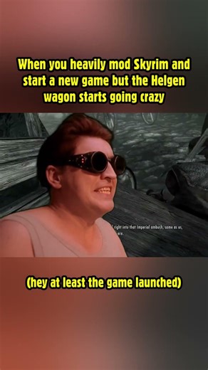 When you heavily mod Skyrim and start a new game but the Helgen wagon starts going crazy! #skyrim