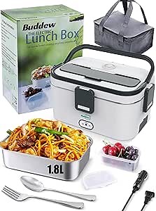 Buddew Electric Lunch Box for Adults, 80W Heated Lunch Box 1.8L Stainless Steel Portable Food Warmer,12/24/110V Lonchera Electrica Portatil for Travel & Work, Loncheras para Hombres de Trabajo(Gray)