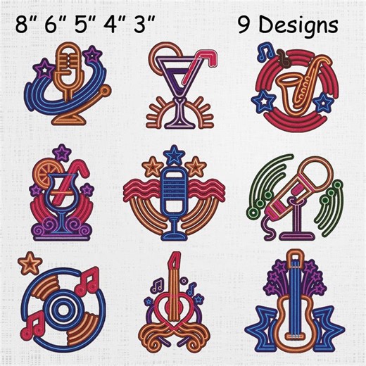 Neon Singing Elements Embroidery Set - Neon Guitar Machine File - Music Elements Pattern - 9 Designs 5 Sizes - Etsy