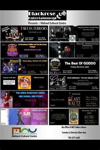 Check out our up coming shows at the Midland Cultural Centre! A little bit of everything for everyone! | Blackrose Entertainment Canada
