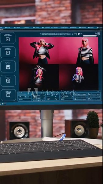 Vertical video Computer on desk with UI of artificial intelligence GPT application turning text prompt into photos, handheld camera shot. Internet website on PC screen showing text to image AI