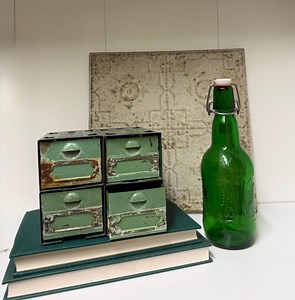Unique Shelf Decor- Green Metal Drawer Bin With Bottle and Salvaged Tin. Shelf Decor - Etsy Canada