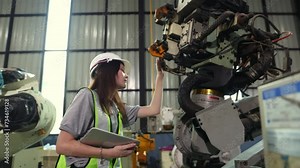 Female technician engineer holding digital tablet inspects installed equipment assembles industrial robot arm in warehouse, records inspection points careful maintenance services to ensure safety.