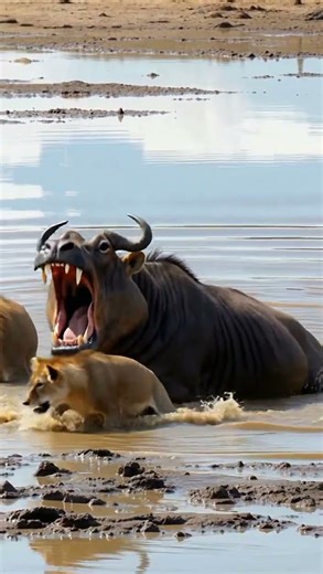Hippo Explodes Out of Water To Save Wildebeest From Lions! 🦛🦁🌊