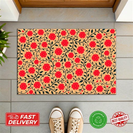 Red Floral Doormat - Botanical Vines Welcome Mat, Vintage Flower Pattern, Textured Background, Housewarming Gift - Etsy