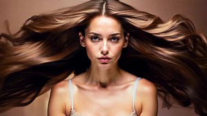 Download A woman with long brown hair blowing in the wind for free