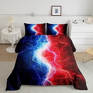 Blue Red Black Comforter Set Lightnings Abstract Art Bedding Set King for Boys Girls Men Women,Fire and Water Print Lightning Down Comforter,Psychedelic Hippie Style Patchwork Quilt Gamer Room Decor