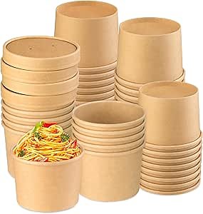 12 oz 50 Pack Soup Containers with Lids, Disposable Paper Soup Cups, Paper Soup Container, Disposable Dessert Bowls for Hot or Cold Soup, Ice Cream, Yogurt, Fruit