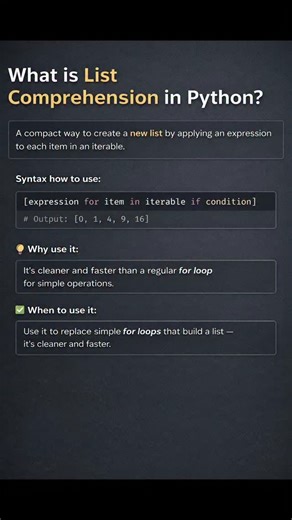 Prashant Kumar on Instagram: "🐍 Python Tip: List Comprehension Made Simple List Comprehension is a powerful and Pythonic way to create lists in a clean, readable, and efficient manner. Instead of writing multiple lines of code with a for loop, you can build lists in one elegant line. In this short video, you’ll learn: ✅ What List Comprehension is ✅ Its basic syntax ✅ A simple real-world example ✅ When and why to use it Perfect for beginners and developers looking to write cleaner Python code 🚀