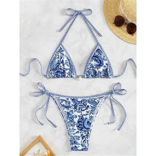 video, Two-piece Set Women's All Over Print Bikini Sets, Fashion Chic Halter Neck Backless Triangle Swim Bra & Tie Side Swim Thong Swimwear Set, Summer Swimsuit Sets, Bathing Suits, Ladies Back To School Swimsuit for Summer Beach Holiday, Going Out Outfits