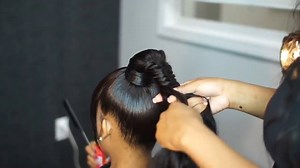 Tutorial: How to do a Faux Bang Fishtail Ponytail Pt.3 "I'm gonna wrap the ponytail around normal like I always do with hairpins make sure I'm sticking them through the bun and not on the client scalp. And then I'm going to wrap a band around the ponytail..."❤❤❤ @Nadula Hair | Nadula Hair