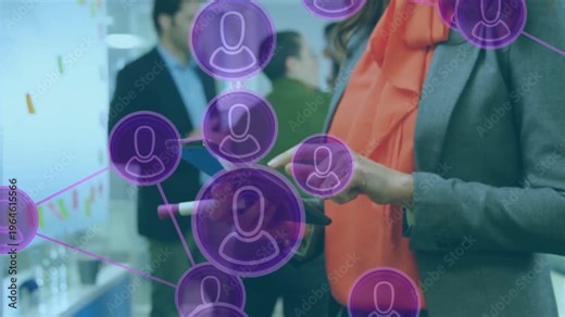 Woman tapping tablet, activating purple nodes growing, clustering, pulsing, showing collaboration