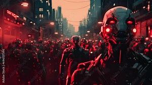 A group of people a mix of humans and cyborgs marching with protest signs while a robotic drone with a video camera overhead cyberpunk ar