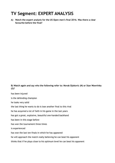 Tennis - Expert Analysis worksheet