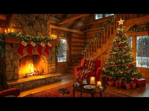 Snowfall and Soothing Christmas Music with Crackling Fireplace on a Christmas Day to Relax and Sleep