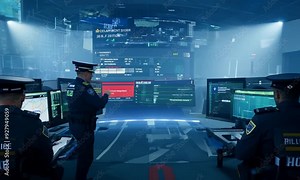A modern, well-lit police command center with multiple computer workstations and large screens displaying information during an emergency operation