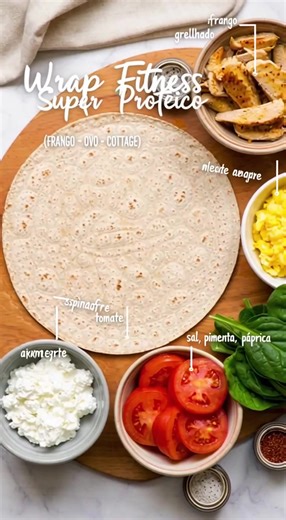 Vamos para mais uma receitinha. 🌯 Wrap (Rap) Fitness Super Proteico (Frango Ovo Cottage) 🛒 Ingredientes (1 porção) \t•\t1 disco de rap integral \t•\t80g de frango grelhado em tiras \t•\t1 ovo mexido \t•\t2 colheres de sopa de cottage \t•\tFolhas de espinafre ou alface \t•\tTomate em rodelas \t•\tSal, pimenta e páprica a gosto ⸻ 👩‍🍳 Modo de preparo \t1.\tPrepare o ovo mexido com pouco ou nenhum óleo (use frigideira antiaderente). \t2.\tTempere o frango com sal, pimenta e páprica. \t3.\tAbra o