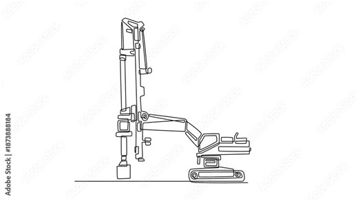 Animated self drawing of continuous line draw detailed rotary drilling rig construction vehicle featuring the tall vertical mast and crawler tracks in industrial style. Full length one line animation