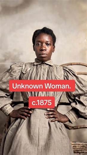 An unknown woman, photographed around 1875. This studio portrait shows a woman seated confidently with her hands on her hips, wearing a high-necked blouse with full puffed sleeves and a wide waistband, a silhouette typical of the mid-to-late 1870s. The assertive pose is striking for the period and suggests a strong sense of self rather than the softer, more passive stances often expected of women in Victorian photography. The image appears to be an ambrotype or tintype, with visible edge wear an