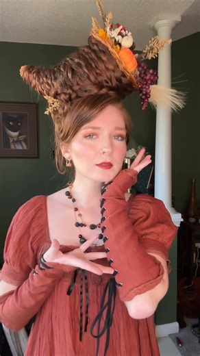 Molly Katherine on Instagram: "I can’t help it… I yam who I yam 😌 @bridgertonnetflix vibes Dress @linennaive Boots @jeffreycampbell X @freepeople Cornucopia stuffing from @michaelsstores"