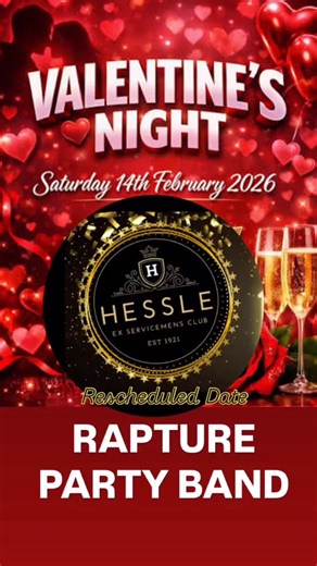 ❤️Love it, hate it, or dodging it — Valentine’s Day ❤️is for EVERYONE. 🔥 Rapture Party Band – Valentine’s Special 🔥 📅 14th February 🕕 Doors open 6PM 💷 £4 Members | £6 Non-Members Come dance, sing, flirt, heal, celebrate, or just vibe. No labels. No pressure. Just good music and good energy. 💃🕺 #clubhessle #eastridingofyorkshire #valentines #rapturepartyband #livemusic | Hessle Ex-Service Men's Club