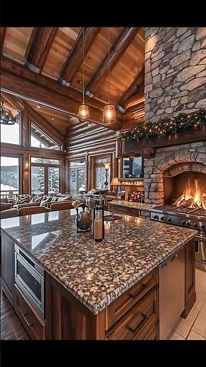 Cozy Rustic Cabin Kitchen with Warm Firelight & Snowy Window View | Winter Cooking Ambience