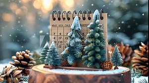 Christmas countdown calendar in a snowy forest setting with falling snow.