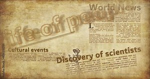 Animation of an old newspaper with positive good news. Retro newspaper. Vintage paper press abstract media concept. Old style letters / symbols. Suitable for literary projects. High quality 4k animati