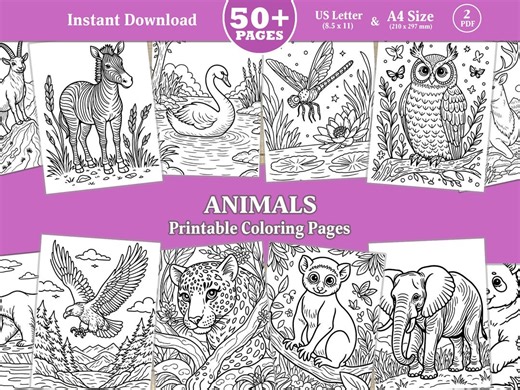 50+ Animal Coloring Pages Printable PDF, Easy Coloring Book for Kids Toddlers, Fun Animal Activity Sheets Instant Download - Etsy
