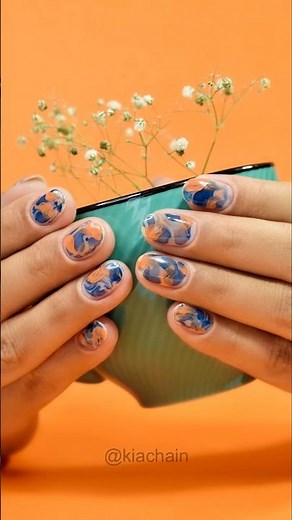 Blooming Gel Marble Nails Tutorial 🔵🧡 Blue & Orange on Natural Nails