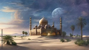 Beautiful mosque in the middle of the desert with a beautiful night sky motion background. Animated mosque illustration.