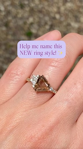 Help me name this geometric cognac diamond ring! I’ve been hoarding this diamond for 8 years now 😳, but finally decided to set it. It’s a super rare, truly one-of-a-kind, natural chocolate diamond in a unique geometric shape. The diamond is mostly clear, but with faint little lightning bolt inclusions that you can see through the portrait cut. ⚡️ I went for an asymmetrical design, with a little cluster of fancy white diamonds and a trail of pavé diamonds in the band. Perfectly showcased in yell