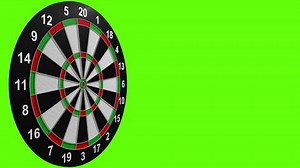 Three darts hit the center of the target, side view of the board against green background. 3D Animation