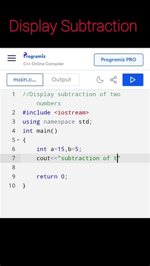 Display Subtraction of two numbers | Using C++....#code #output #programming