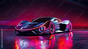 Neon Nights: A futuristic, sleek sports car gleams under the vibrant glow of neon lights, evoking a sense of speed, power, and cutting-edge design. The car's reflection adds a captivating depth to the