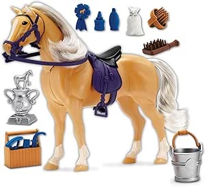 Sunny Days Entertainment Palomino Horse with Moveable Head, Realistic Sound and 14 Grooming Accessories - Blue Ribbon Champions Deluxe Toy Horses
