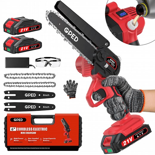 GPED Mini Chainsaw Cordless 6 inch with 2 Battery, Mini Power Chain Saw with Security Lock, Electric Chainsaw, Handheld Small Chainsaw for Tree Trimming Wood Cutting, Red
