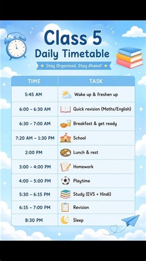 Class 5 Daily Study Timetable 📚 | Best Time Table for School Students (7:20 AM–1:30 PM) |