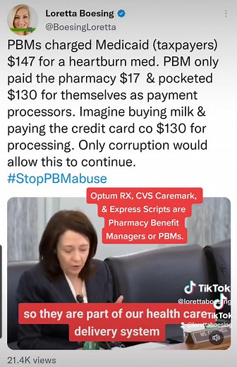 Optum RX, #CVS Caremark, and Express Scripts are PBMs or pharmacy benefit managers for #insurance compaines. #PBMs charged a state's Medicaid system (taxpayers) $147 for an antacid. The PBM only paid the #pharmacy $17 for the #medication and pocketed $130 for themselves as payment processors. Imagine buying milk and paying with a credit card and the credit card company charged you $130 for using the card? No one in their right mind would use their card. Why would any legislator allow this? . PBM