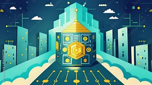 A vault of indecipherable coding towers above a sea of intricate encrypted data streams.. 2d flat cartoon