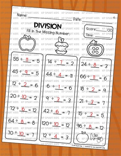 Apple Missing Number Math Bundle | Multiplication & Division Facts 1–12 for 3-5