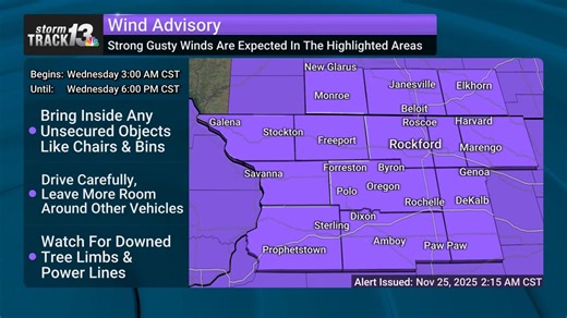 WIND ADVISORY: Strong winds are expected in the following counties: Whiteside, Henry, Bureau, Putnam. Keep two hands on the wheel and watch for tree and power line damage! Updates at https://www.wrex.com/weather/. Expires: Nov 26 6:00PM CST | 13 WREX