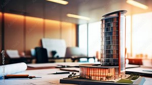 Scale model of a modern skyscraper with a curved base, sitting on a table with blueprints and pencils, in a modern office setting.