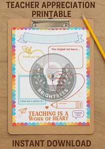 Teacher Appreciation Worksheet Printable | Student Thank You Page - Etsy