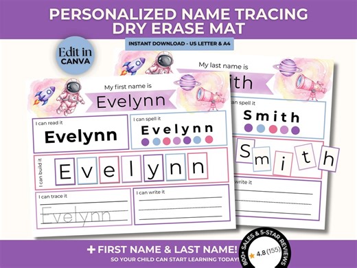 Personalized Preschool Name Tracing Mat, Pink Astronaut Theme (canva Template Digital Download) - Etsy