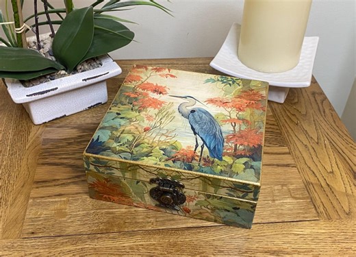 Hand Decorated Wooden Box in Decoupage Style. Great Blue Heron Design in Green, Orange and Blue - Etsy UK
