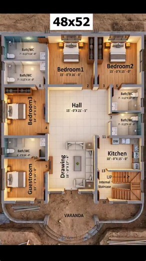 Infra Home Studio on Instagram: "48x52 SFT 4bhk house plan according to client requirements... #48x52sftplan #4bhkplan #homedesign #floordecor #2dhousedeaign"