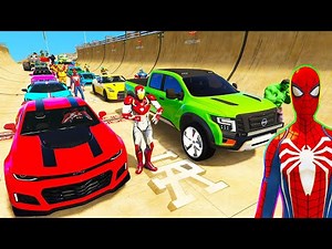 SPIDERMAN CARS Race Challenge on Mega Rampa ! SUPERHERO HULK Iron Man Goku Car Racing - GTA 5