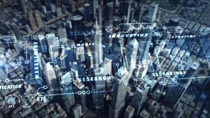 Startup theme infographics against the backdrop of city skyscrapers.